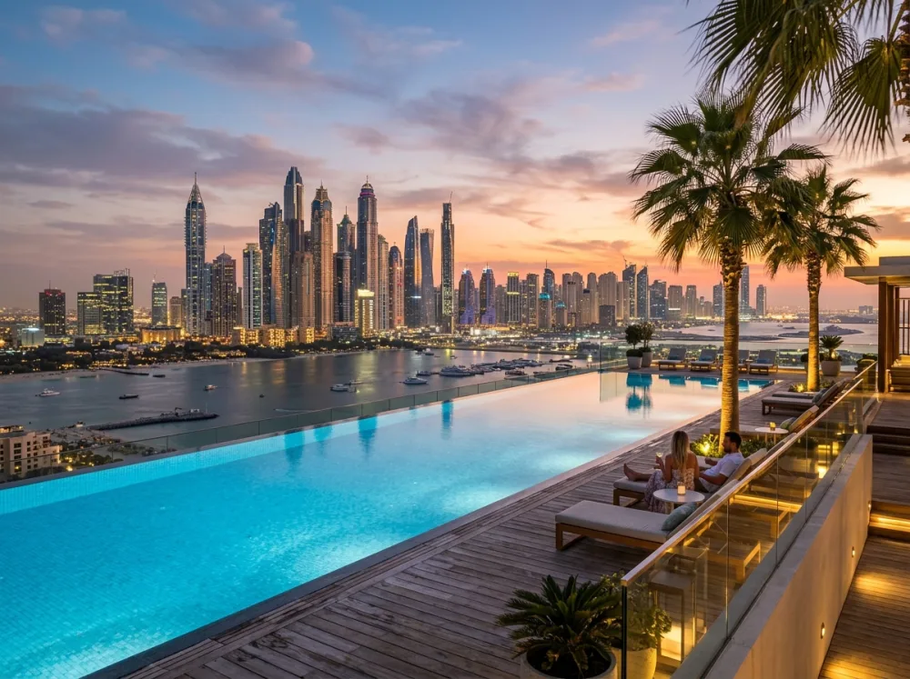 Sobha Sanctuary Dubai - Infinity Pool with Dubai Skyline at Dusk