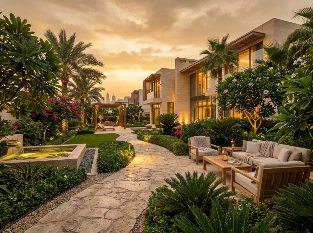 Sobha Sanctuary Dubai - Private Garden Landscaping at Golden Hour