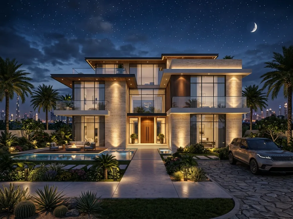 Sobha Sanctuary Dubai - Villa Facade Illuminated at Night